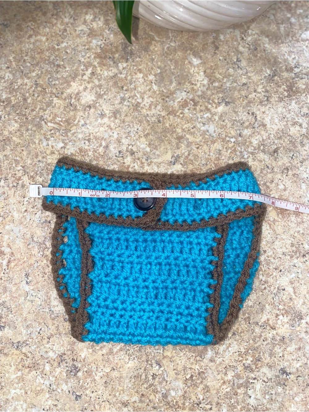Handmade Crochet Beanie, Diaper Cover & Booties Set - Brown and Bright Turquoise - Picture 5 of 6
